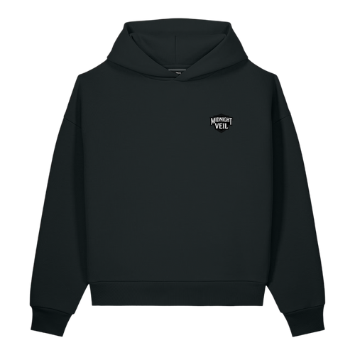 Front of a black heavyweight hoodie with a small Midnight Veil mark on the left chest