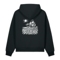 Back of a black heavyweight hoodie with a bone ship and hands print