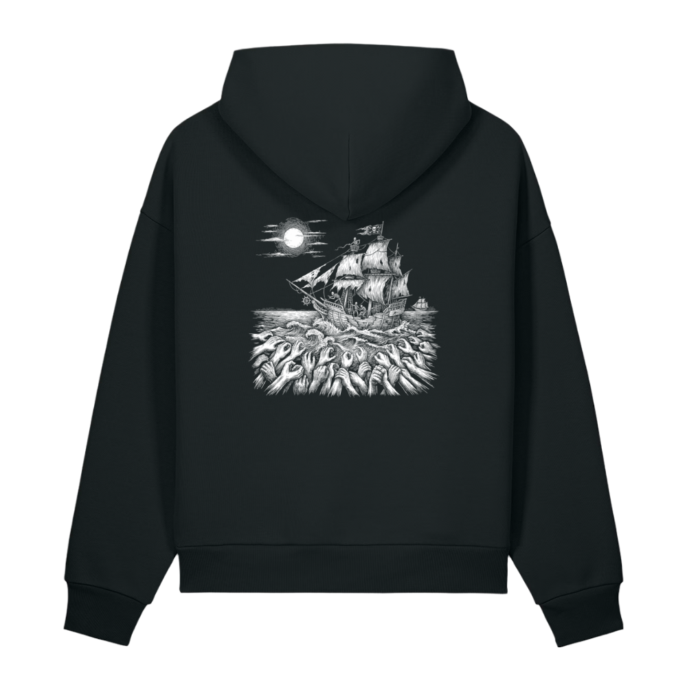 Back of a black heavyweight hoodie with a bone ship and hands print