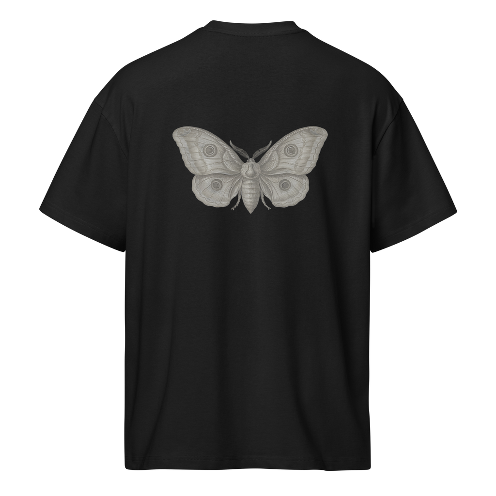 Back of a black box tee with a bone moth print