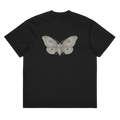 A black short-sleeve t-shirt with a large, detailed gray moth graphic printed on the center of the back.