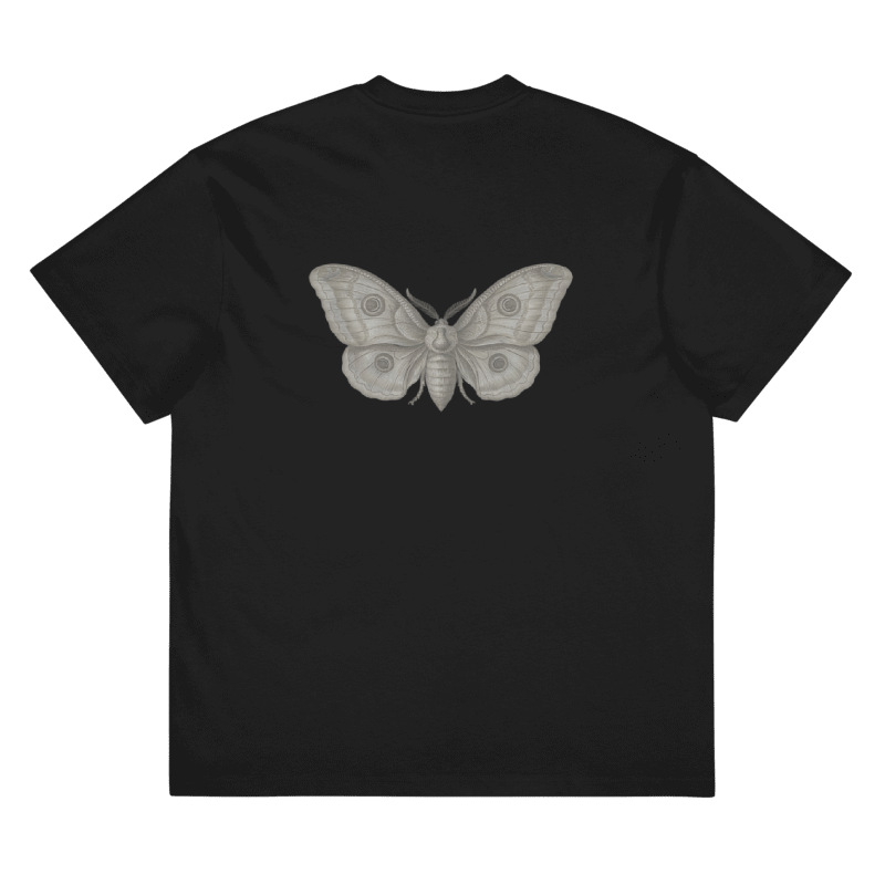 A black short-sleeve t-shirt with a large, detailed gray moth graphic printed on the center of the back.