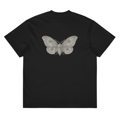 A black short-sleeve t-shirt with a large, detailed gray moth graphic printed on the center of the back.