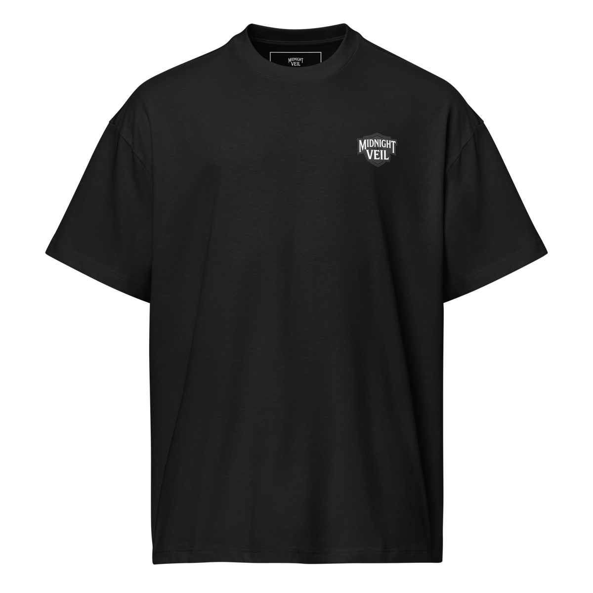 Front of a black box tee with a small bone Midnight Veil mark on the left chest