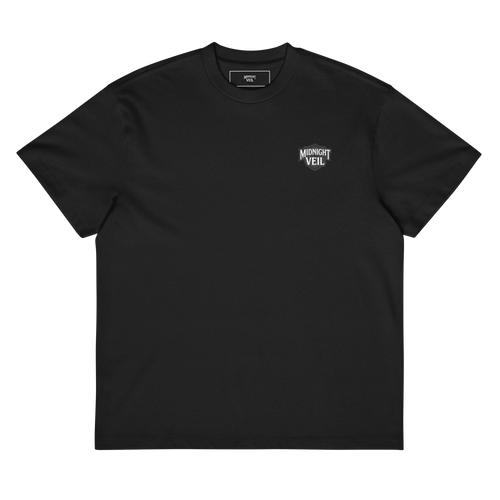A black short-sleeve crewneck t-shirt with a small white graphic on the left chest reading 'MIDNIGHT VEIL'. 