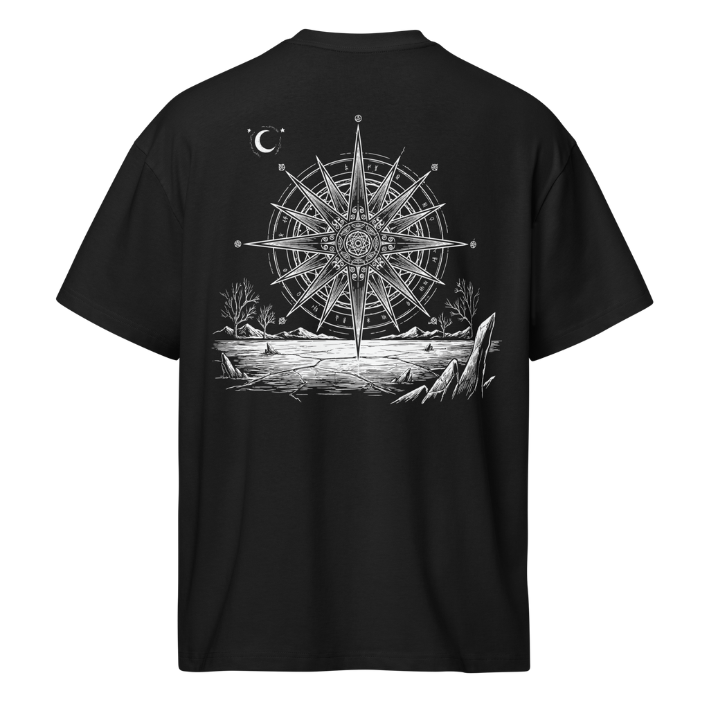 Back view of a black heavyweight box tee with a compass star and landscape print