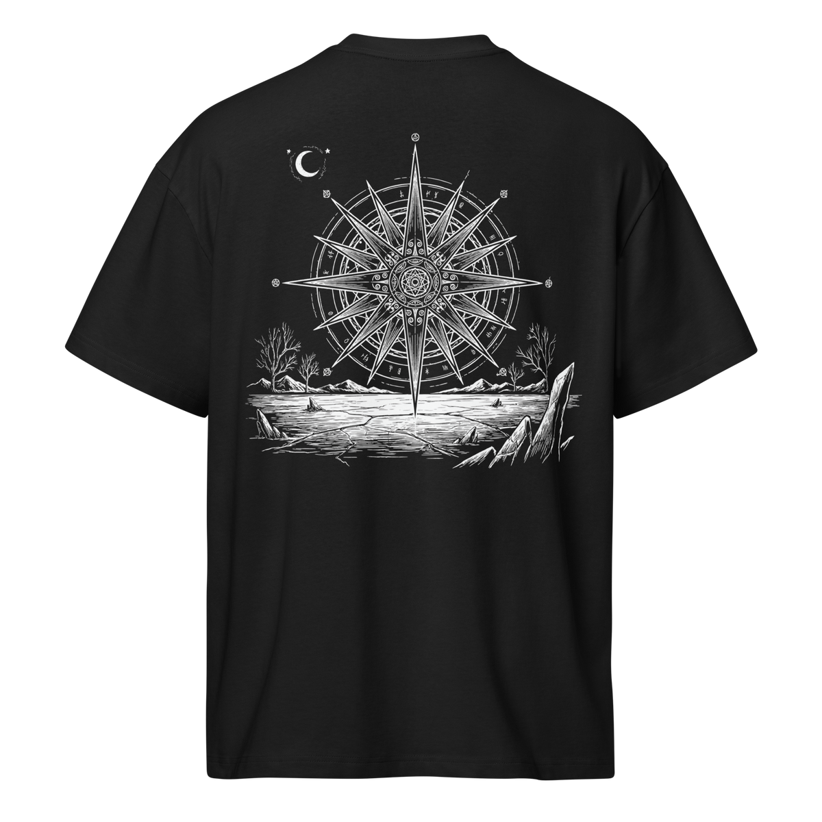 Back view of a black heavyweight box tee with a compass star and landscape print