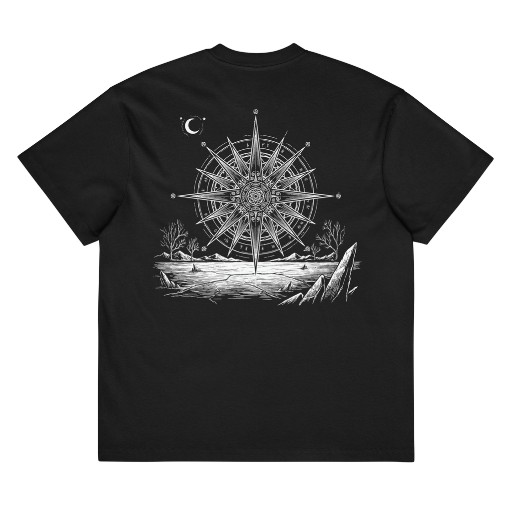 Back of a black heavyweight box tee with a large compass star and cracked landscape print