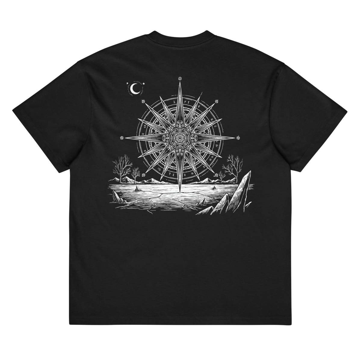 Back of a black heavyweight box tee with a large compass star and cracked landscape print