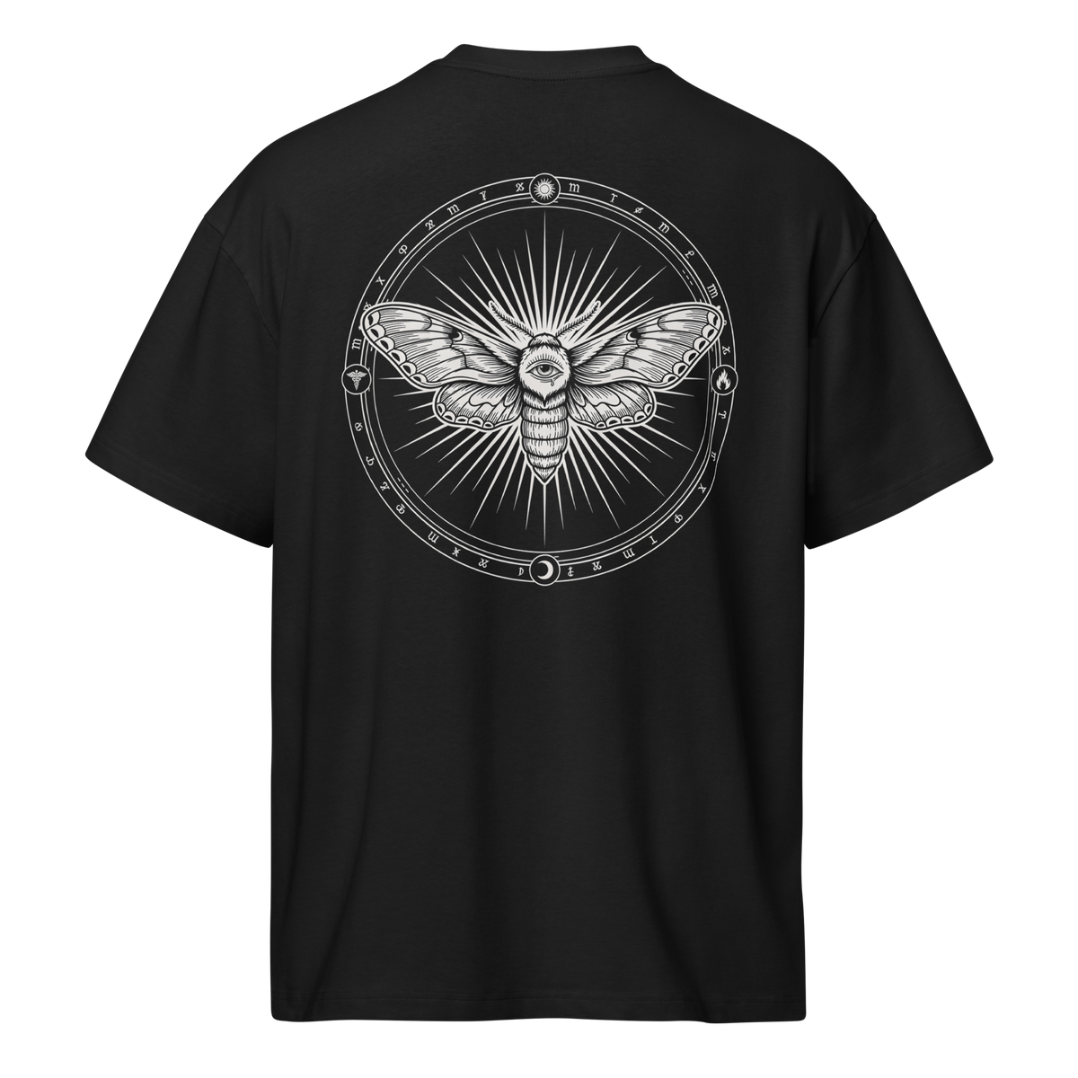 Back of a black heavyweight box tee with a bone moth print in a circle