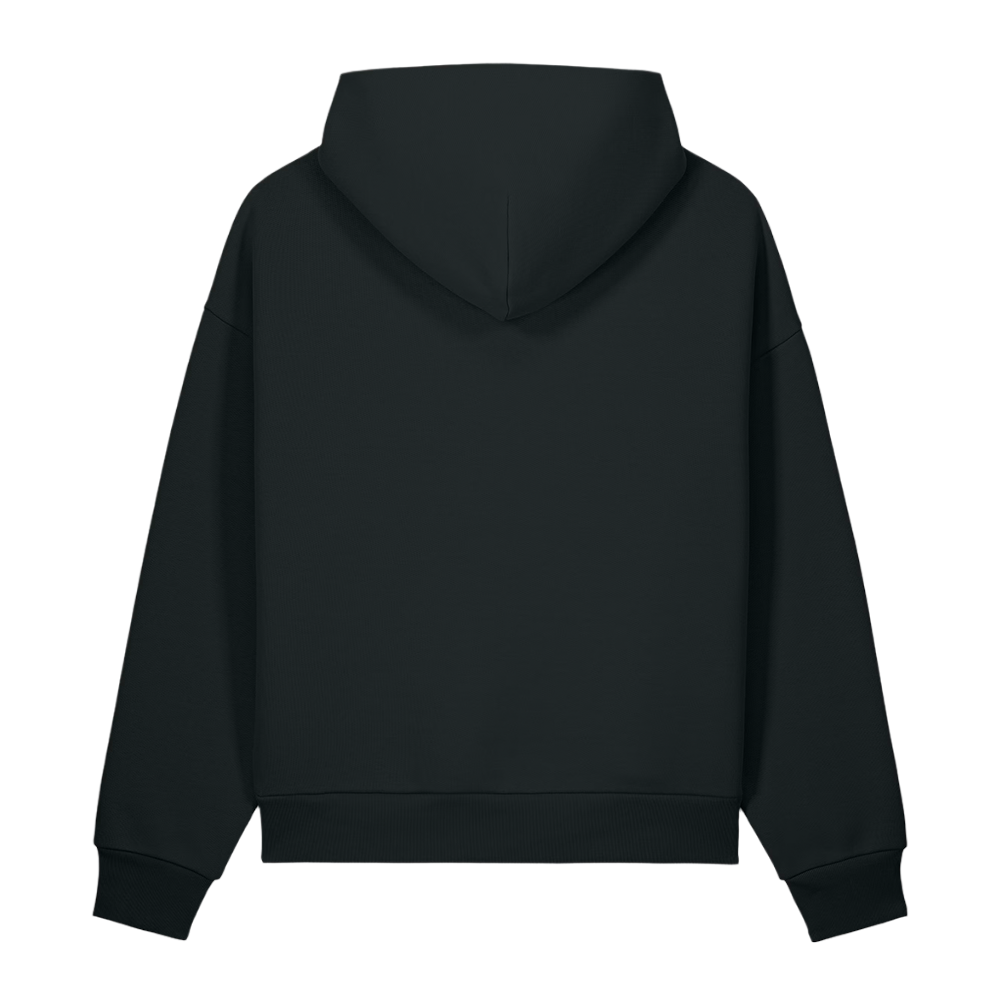 Rear view of the ultra-heavyweight 15oz cotton Outer Shroud hoodie in Obsidian Black displaying the rigid 3-panel structural hood layout.
