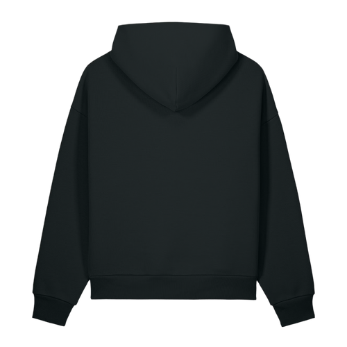 Rear view of the ultra-heavyweight 15oz cotton Outer Shroud hoodie in Obsidian Black displaying the rigid 3-panel structural hood layout.
