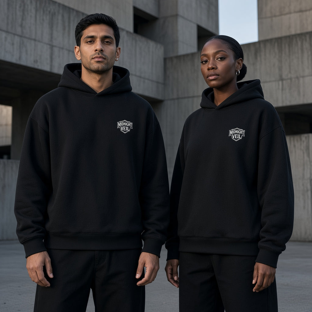 Editorial streetwear lookbook photography of a male and female model wearing the premium cordless 500GSM Midnight Veil Outer Shroud hoodie in Obsidian Black against an industrial brutalist concrete background.
