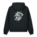 Rear view of the Midnight Veil Obsidian Black 500 GSM heavyweight overhead hoodie showing a detailed bone-white woodcut illustration of a plague doctor mask with a scythe on the upper back.