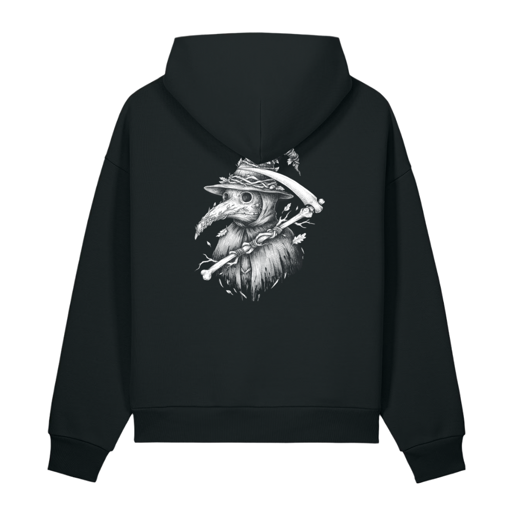 Rear view of the Midnight Veil Obsidian Black 500 GSM heavyweight overhead hoodie showing a detailed bone-white woodcut illustration of a plague doctor mask with a scythe on the upper back.