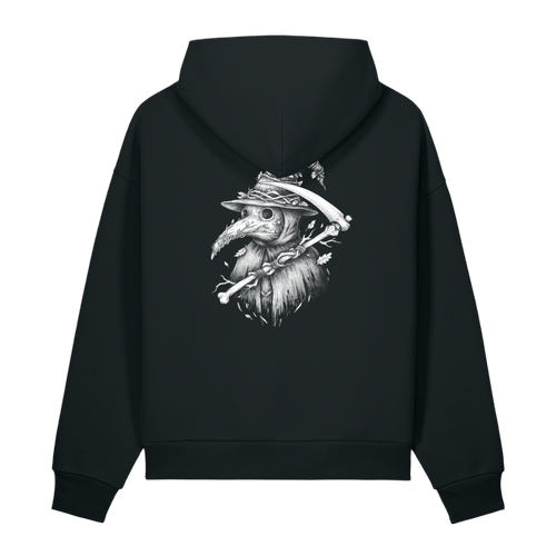 Rear view of the Midnight Veil Obsidian Black 500 GSM heavyweight overhead hoodie showing a detailed bone-white woodcut illustration of a plague doctor mask with a scythe on the upper back.