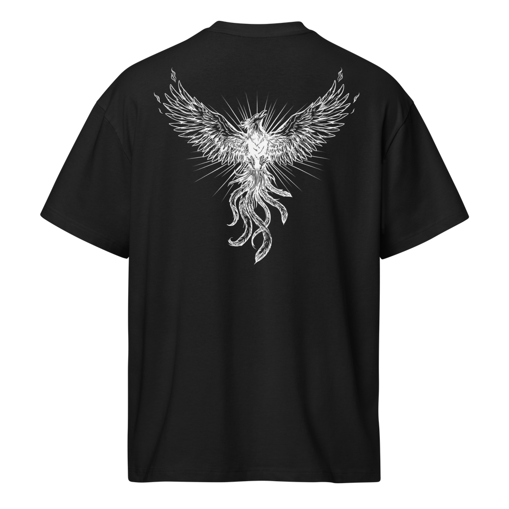 Back of an Obsidian Black box tee with a bone line phoenix, sunburst, and curling tail