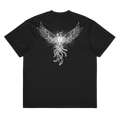 A black short-sleeve t-shirt shown from the back, featuring a large white graphic of a winged creature or phoenix-like design printed across the center.