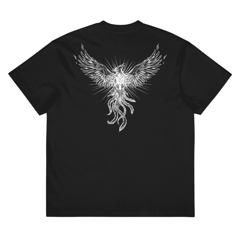 A black short-sleeve t-shirt shown from the back, featuring a large white graphic of a winged creature or phoenix-like design printed across the center.