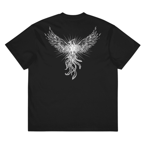 A black short-sleeve t-shirt shown from the back, featuring a large white graphic of a winged creature or phoenix-like design printed across the center.