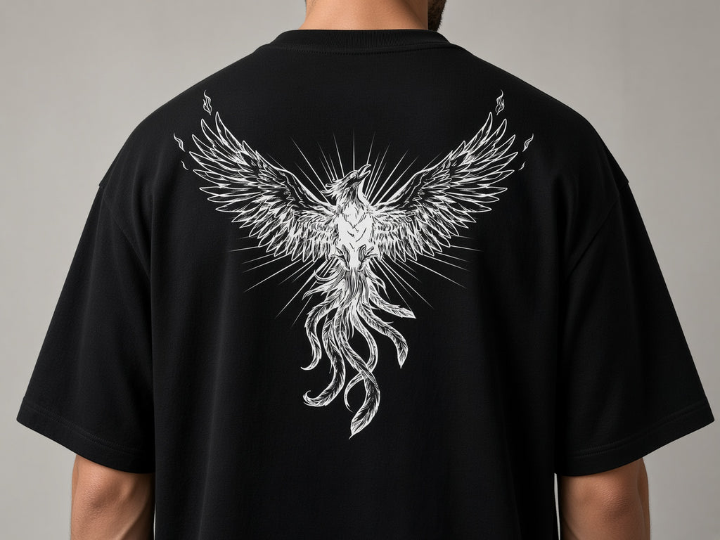 Person wearing an Obsidian Black box tee with a bone line phoenix across the back