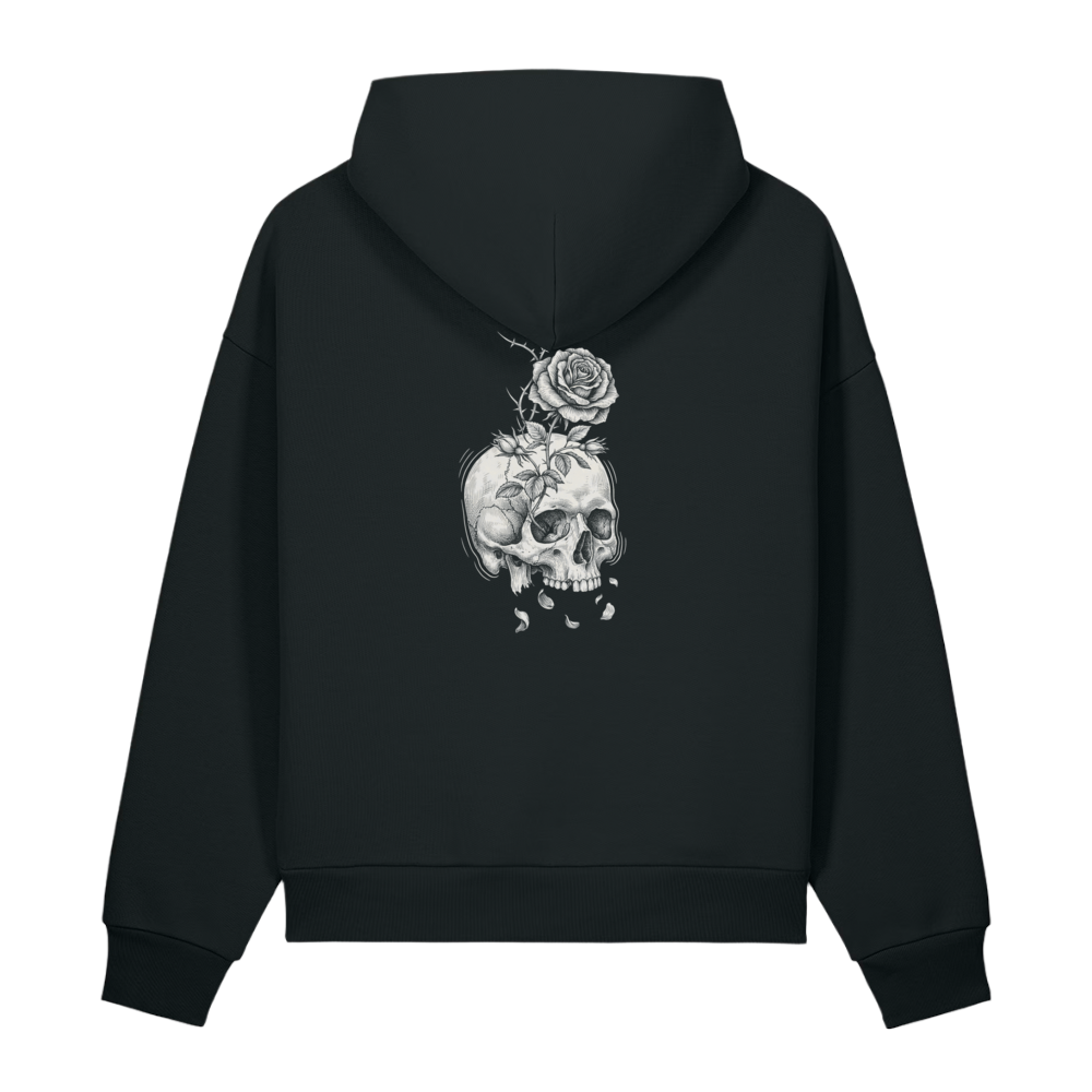 Back of a black heavyweight hoodie with a bone skull and rose print