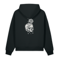 Back of a black heavyweight hoodie with a bone skull and rose print