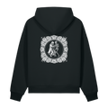 Back of a black heavyweight hoodie with a bone figures and roses print