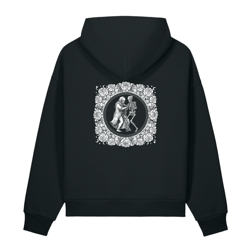 Back of a black heavyweight hoodie with a bone figures and roses print