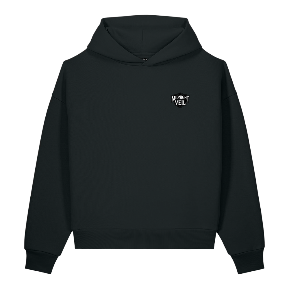 Front of a black heavyweight hoodie with a small Midnight Veil mark on the left ches