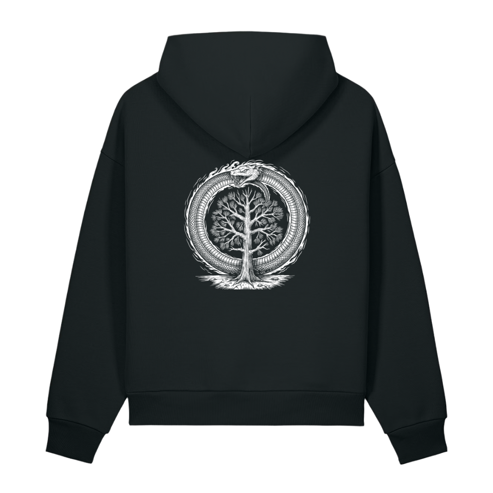 Back of a black heavyweight hoodie with a bone snake and tree print