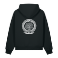 Back of a black heavyweight hoodie with a bone snake and tree print