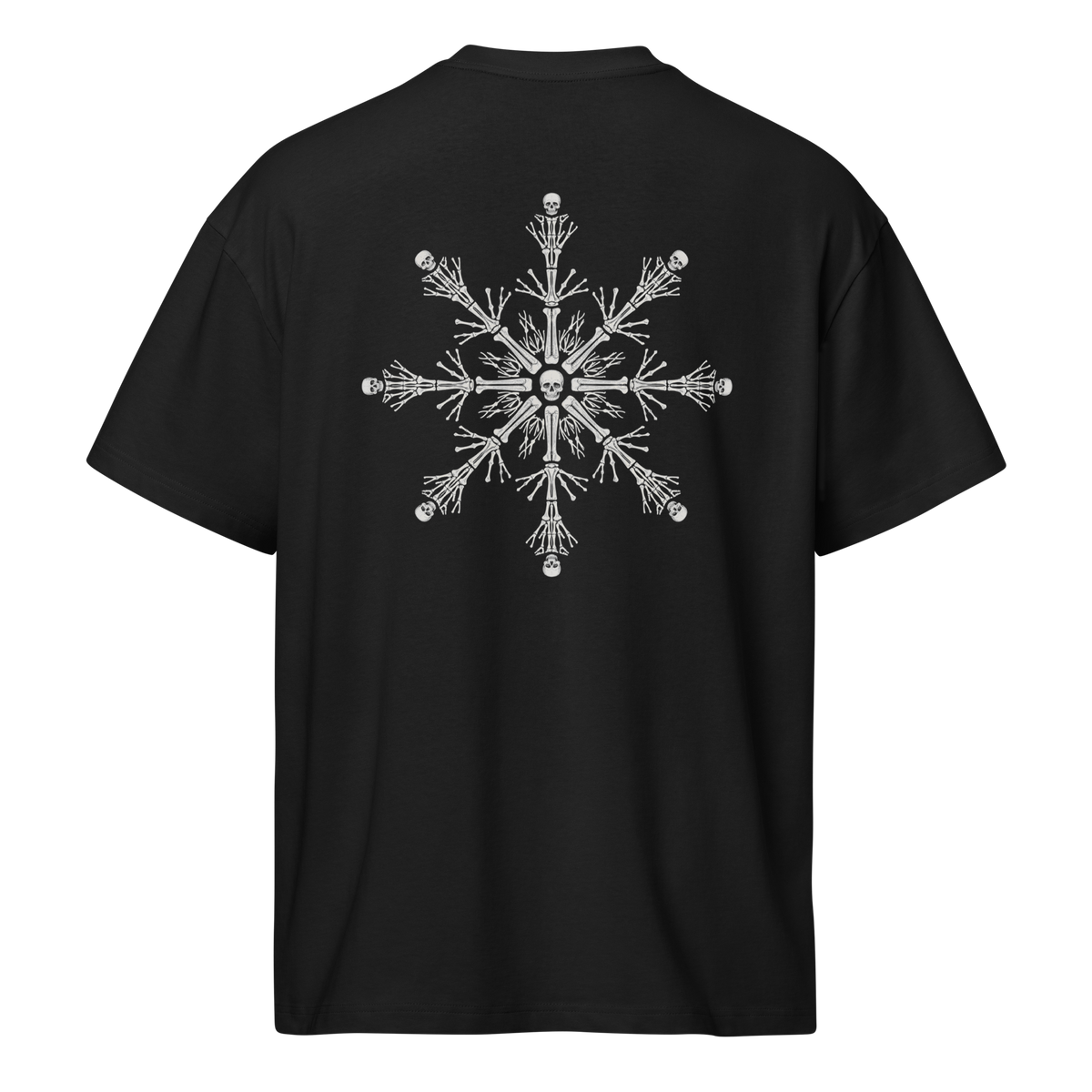 Back of a black heavyweight box tee with a bone snowflake prin