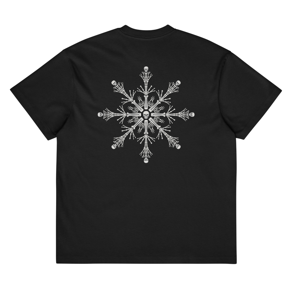Back of a black heavyweight box tee with a bone snowflake print