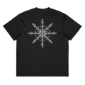 Back of a black heavyweight box tee with a bone snowflake print