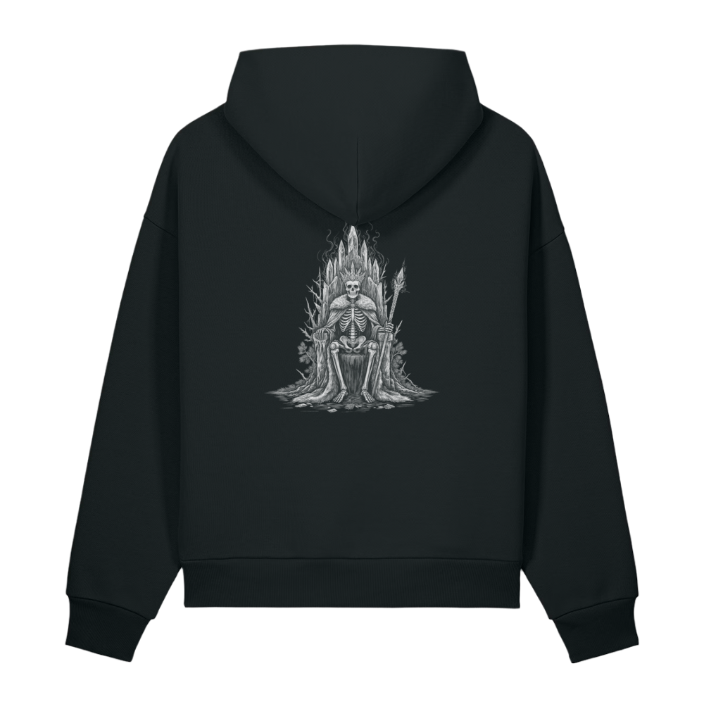 ack of a black heavyweight hoodie with a bone skeleton on a throne print