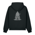 ack of a black heavyweight hoodie with a bone skeleton on a throne print