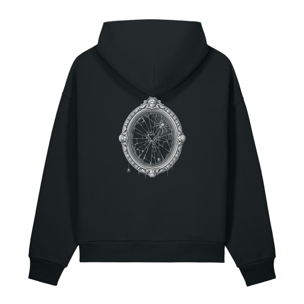 Back of a black heavyweight hoodie with a bone ornate mirror and spiderweb print
