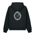 Back of a black heavyweight hoodie with a bone ornate mirror and spiderweb print