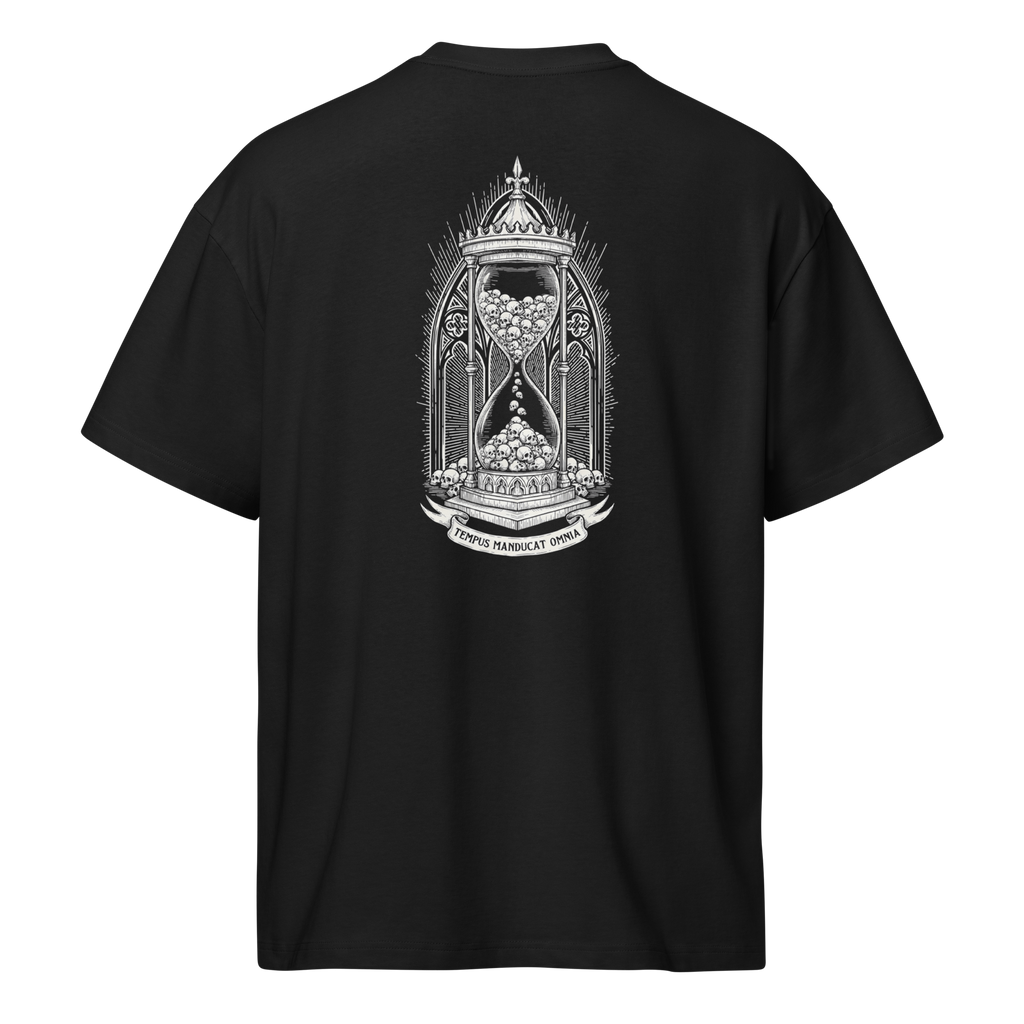 Back of a black heavyweight box tee with a bone skull hourglass print, shaped on the form