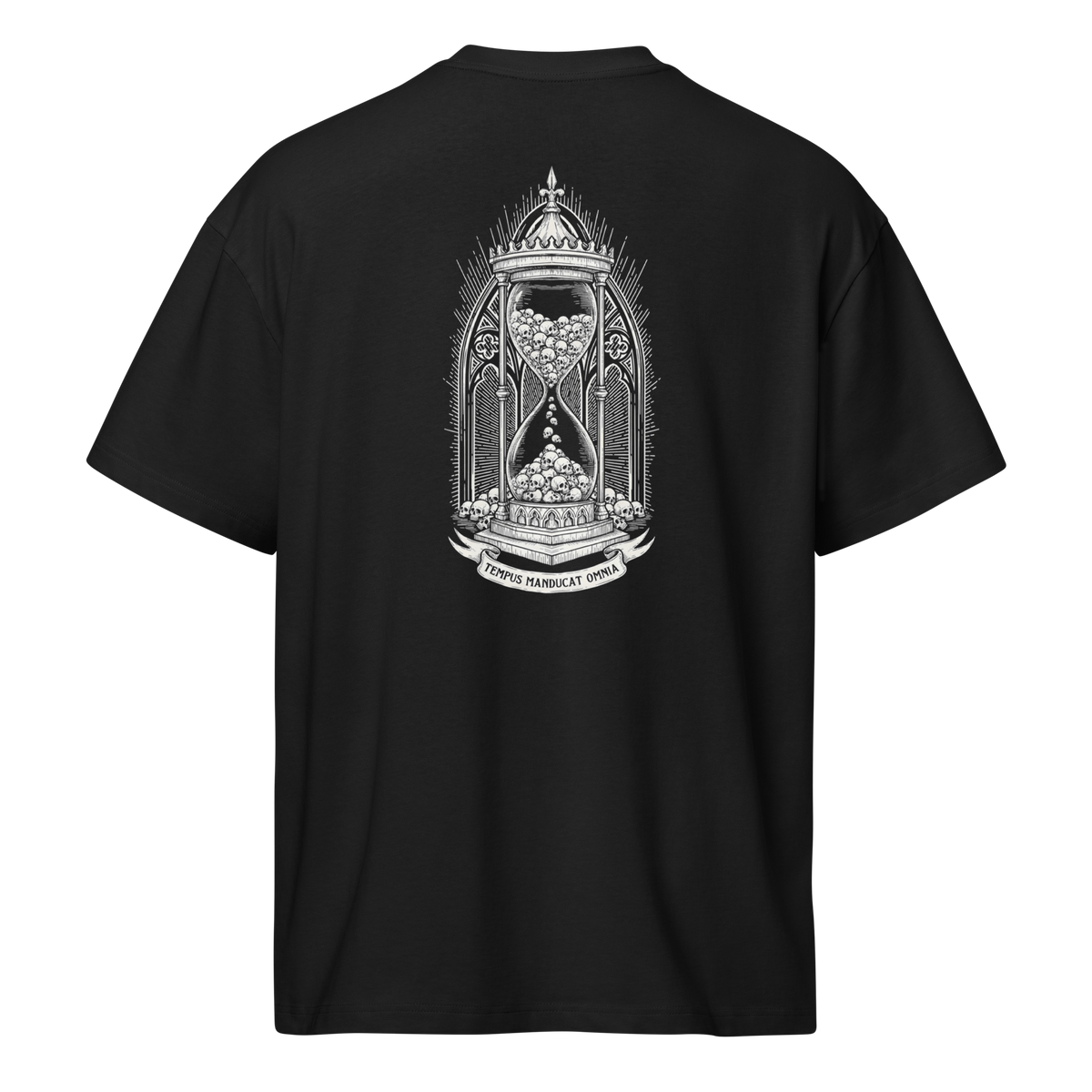 Back of a black heavyweight box tee with a bone skull hourglass print, shaped on the form
