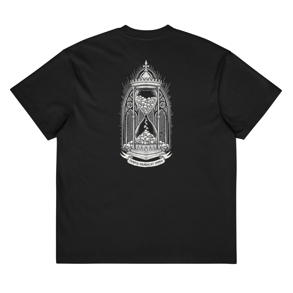 Back of a black heavyweight box tee with a bone skull hourglass print