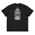 Back of a black heavyweight box tee with a bone skull hourglass print