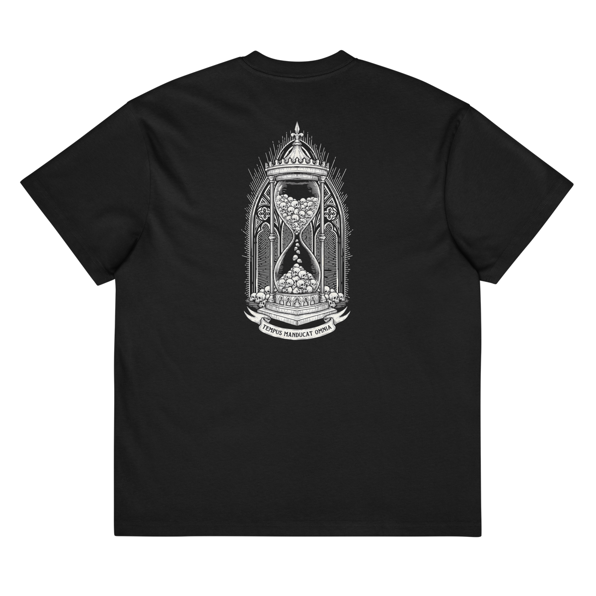Back of a black heavyweight box tee with a bone skull hourglass print