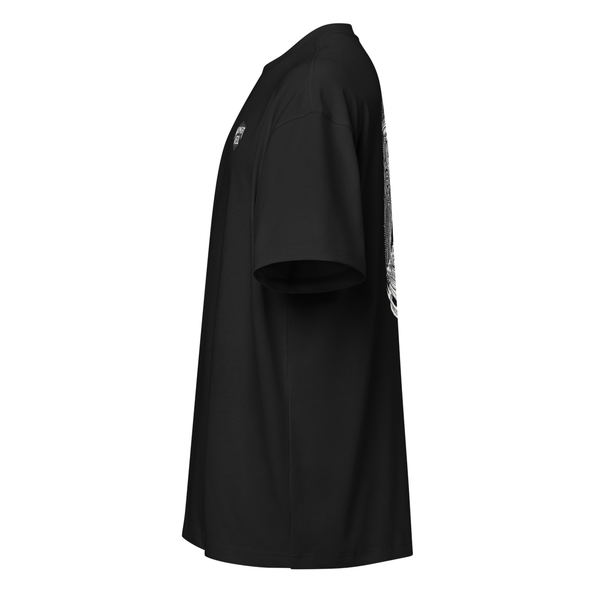 Left side of a black heavyweight box tee showing the hourglass print stays on the back