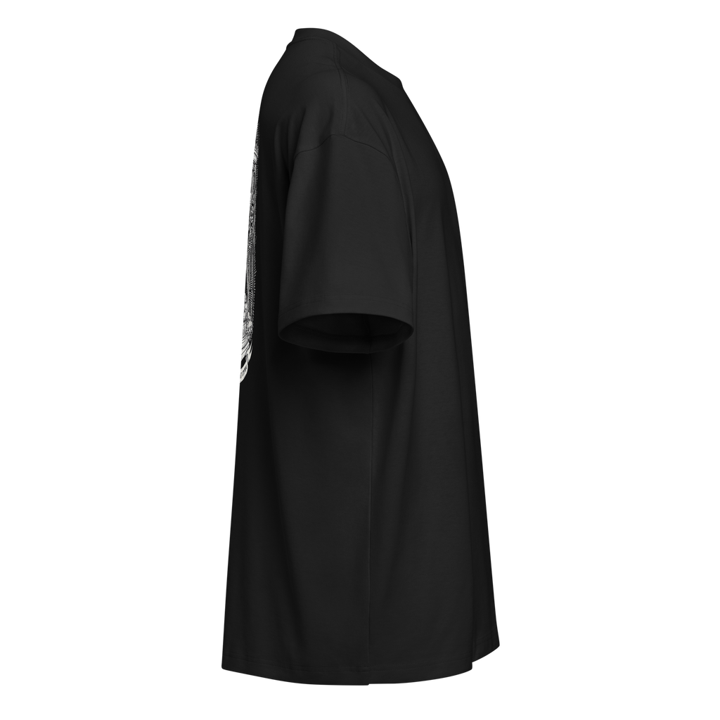 Right side of a black heavyweight box tee showing the hourglass print stays on the back