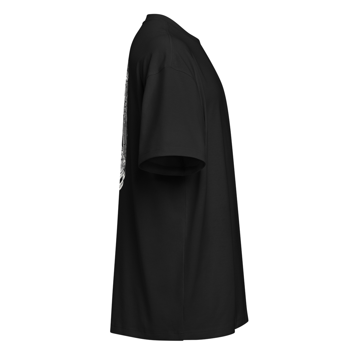 Right side of a black heavyweight box tee showing the hourglass print stays on the back