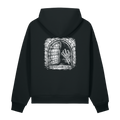 Back of a black heavyweight hoodie with a bone stone arch and skeletal hand print, clear of the hood