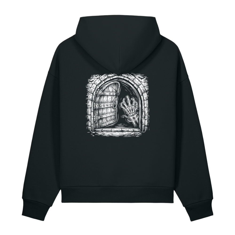 Back of a black heavyweight hoodie with a bone stone arch and skeletal hand print, clear of the hood