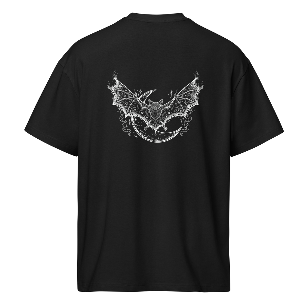 Rear view displaying the bone-white occult bat engraving